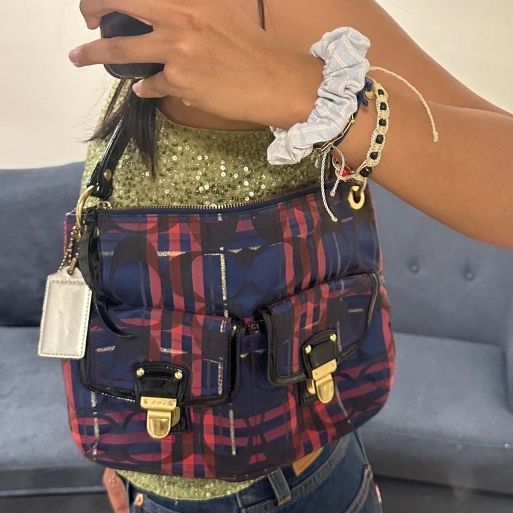 SOLD: Coach Shoulder Poppy Blue Red Plaid Tartan Purse